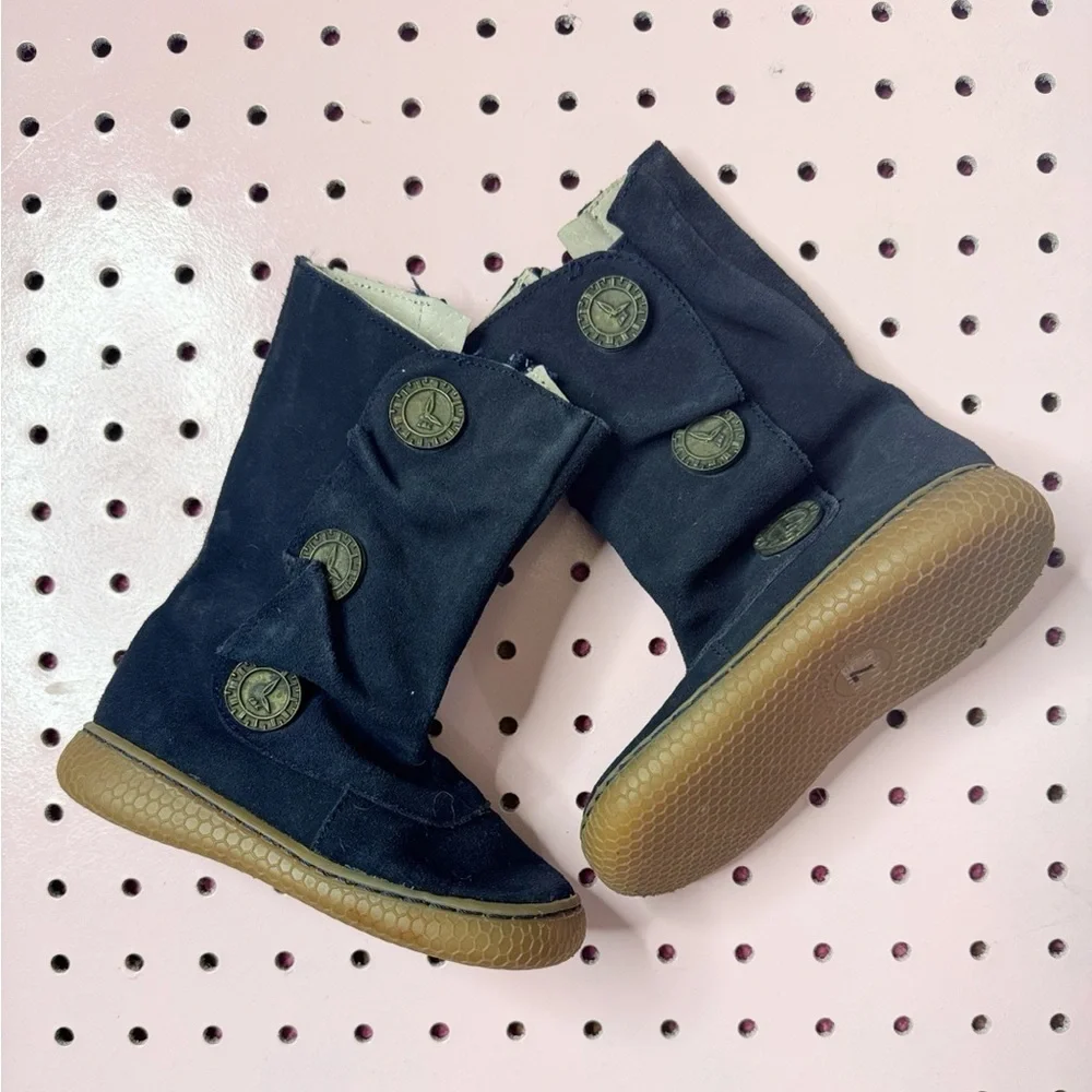 Livie & Luca Navy Suede Toddler Boots Button Detail Size 7 Preppy Classic